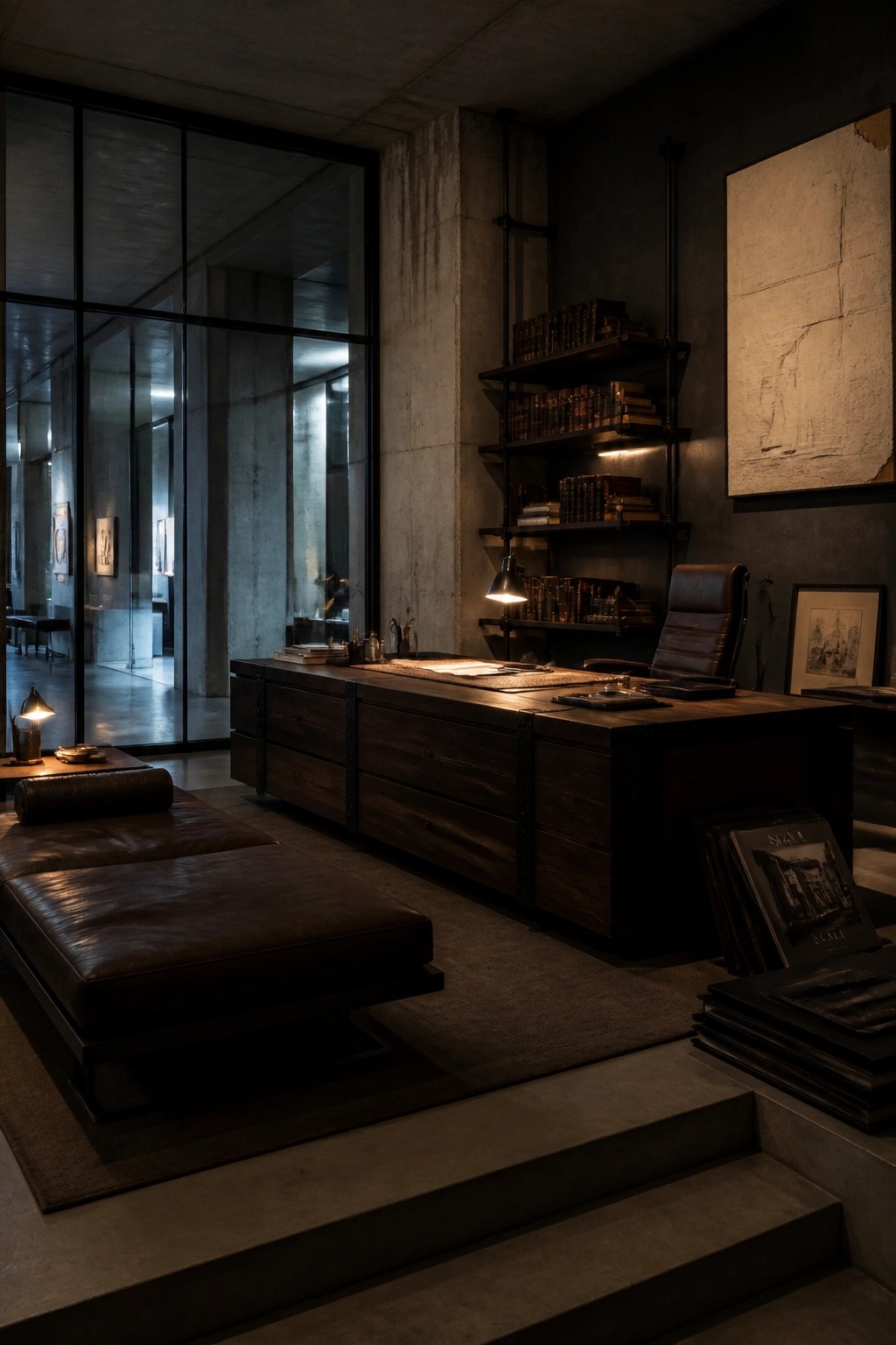 A large dark wood desk with a brown leather office chair, matching leather ottomans, and wall-mounted bookshelves in a concrete room with large windows.