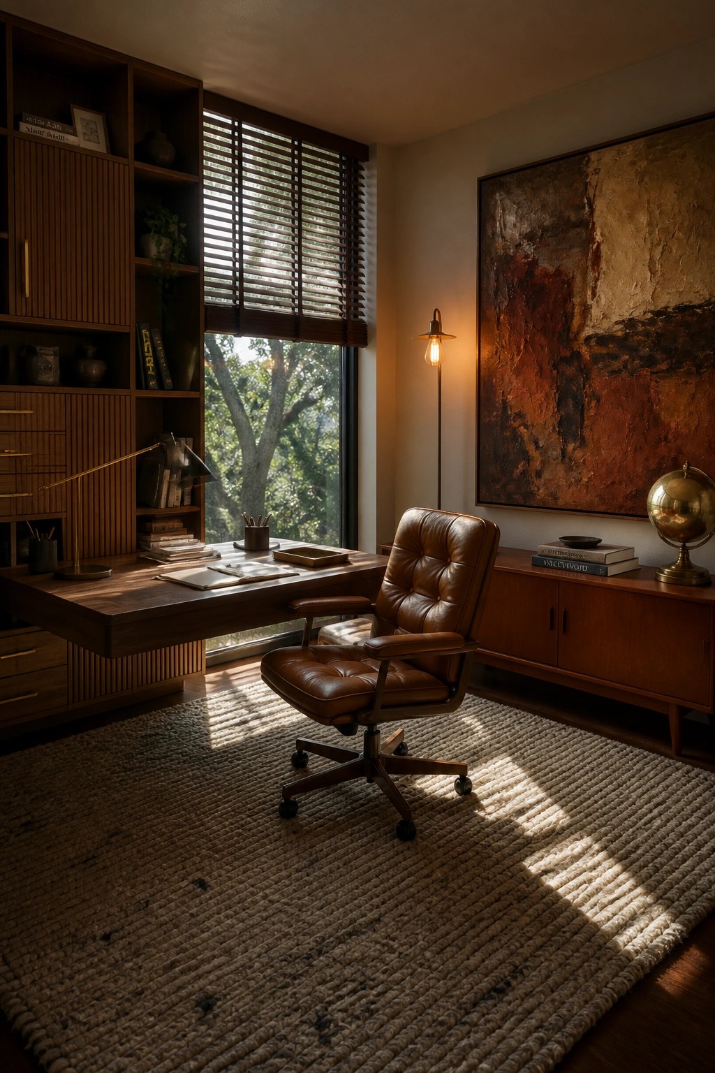 A home office with a wooden desk and built-in shelves, a brown leather office chair on a woven rug, and a large abstract painting above a wooden credenza.