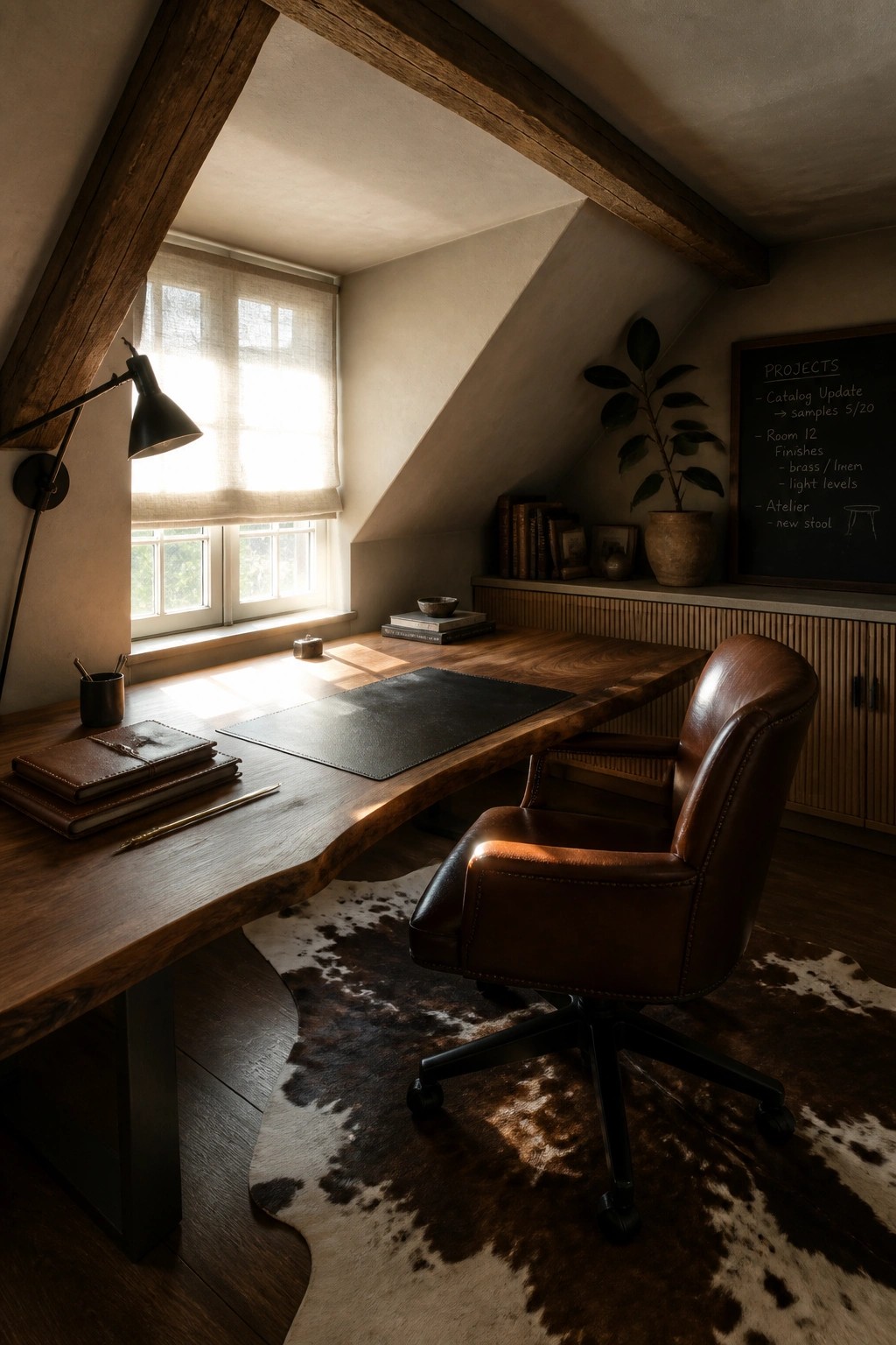 A wooden desk with a brown leather swivel chair sits on a cowhide rug in an attic office with a window and desk lamp.