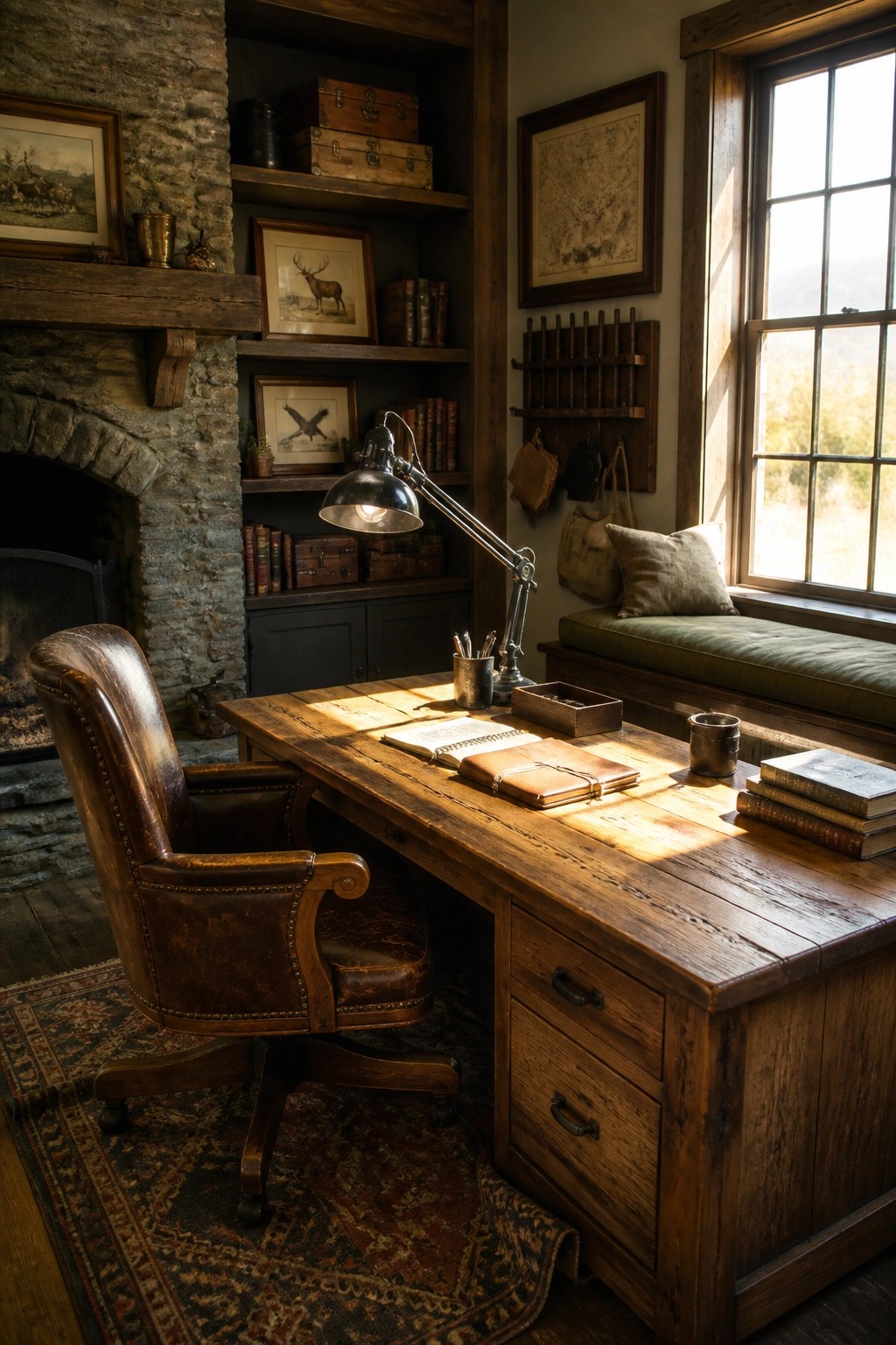 A rustic home office with a large wooden desk, brown leather swivel chair, bookshelves filled with books, a stone fireplace, and a window with a green window seat.