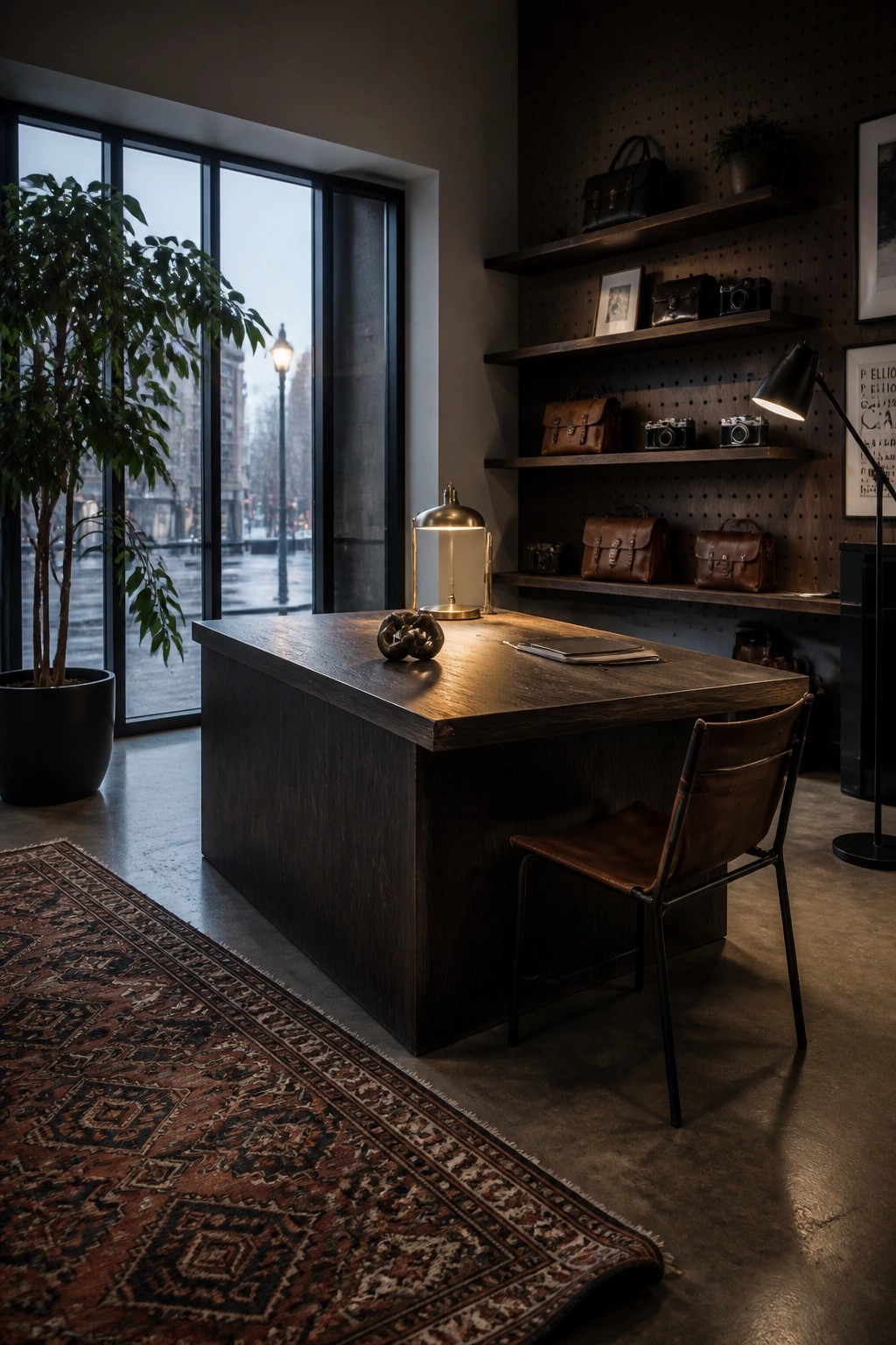 A dark wooden desk with a leather chair sits in a home office with wall shelves holding bags and cameras, a potted plant, and a large window.