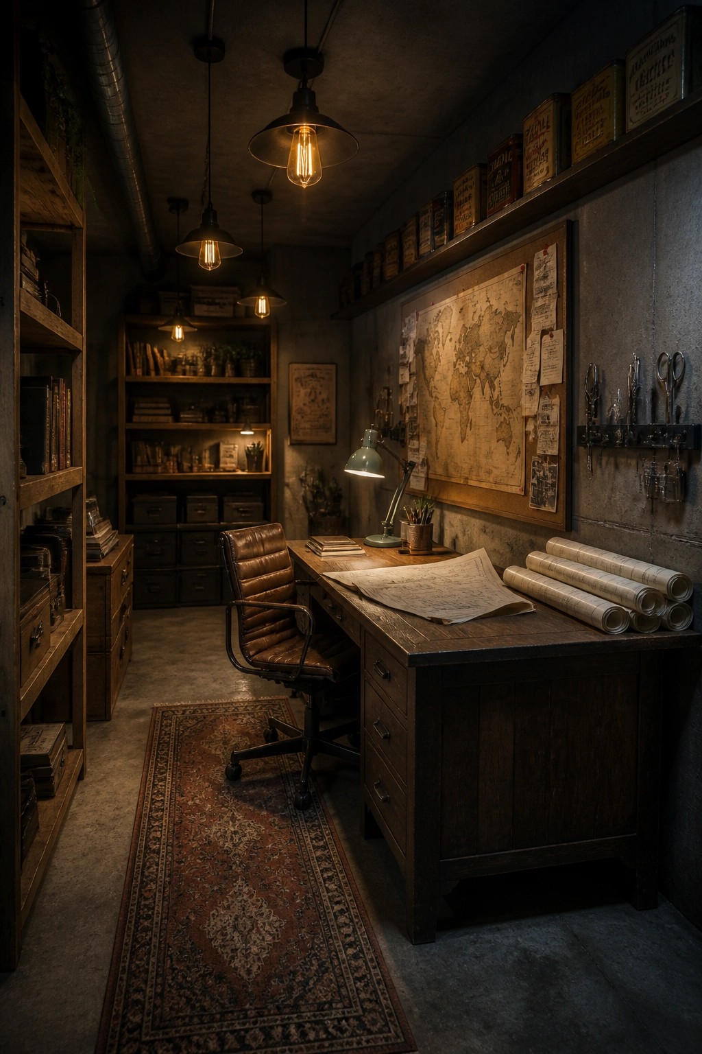 A home office interior with a large wooden desk, brown leather office chair, world map on the wall, and bookshelves along the side.