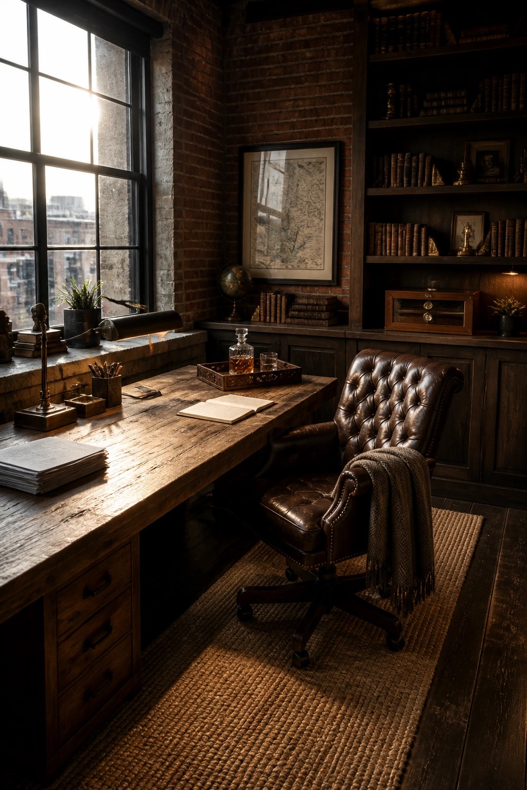 A masculine home office with a large wooden desk, brown leather tufted swivel chair on a woven rug, brick walls, and built-in bookshelves.