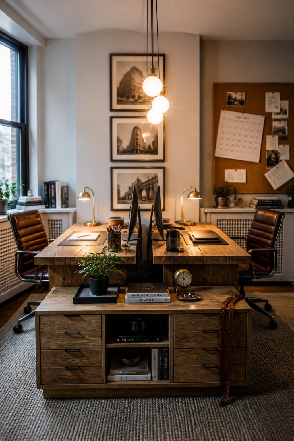 A home office with a large wooden desk, two brown leather office chairs, dual computer monitors, pendant lights, framed pictures on the wall, and a corkboard with a calendar.