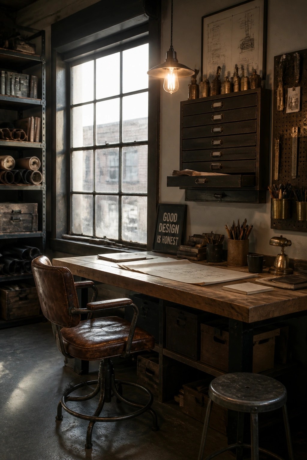 A home office featuring a large wooden desk with a brown leather swivel chair in front of a multi-paned window.