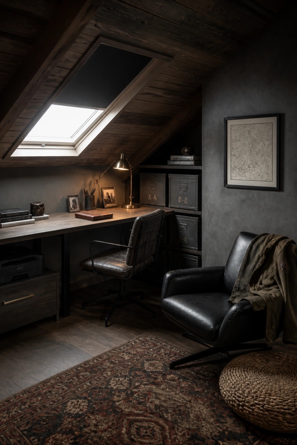 Rustic attic office with wooden desk, black leather chairs, skylight, and patterned rug.