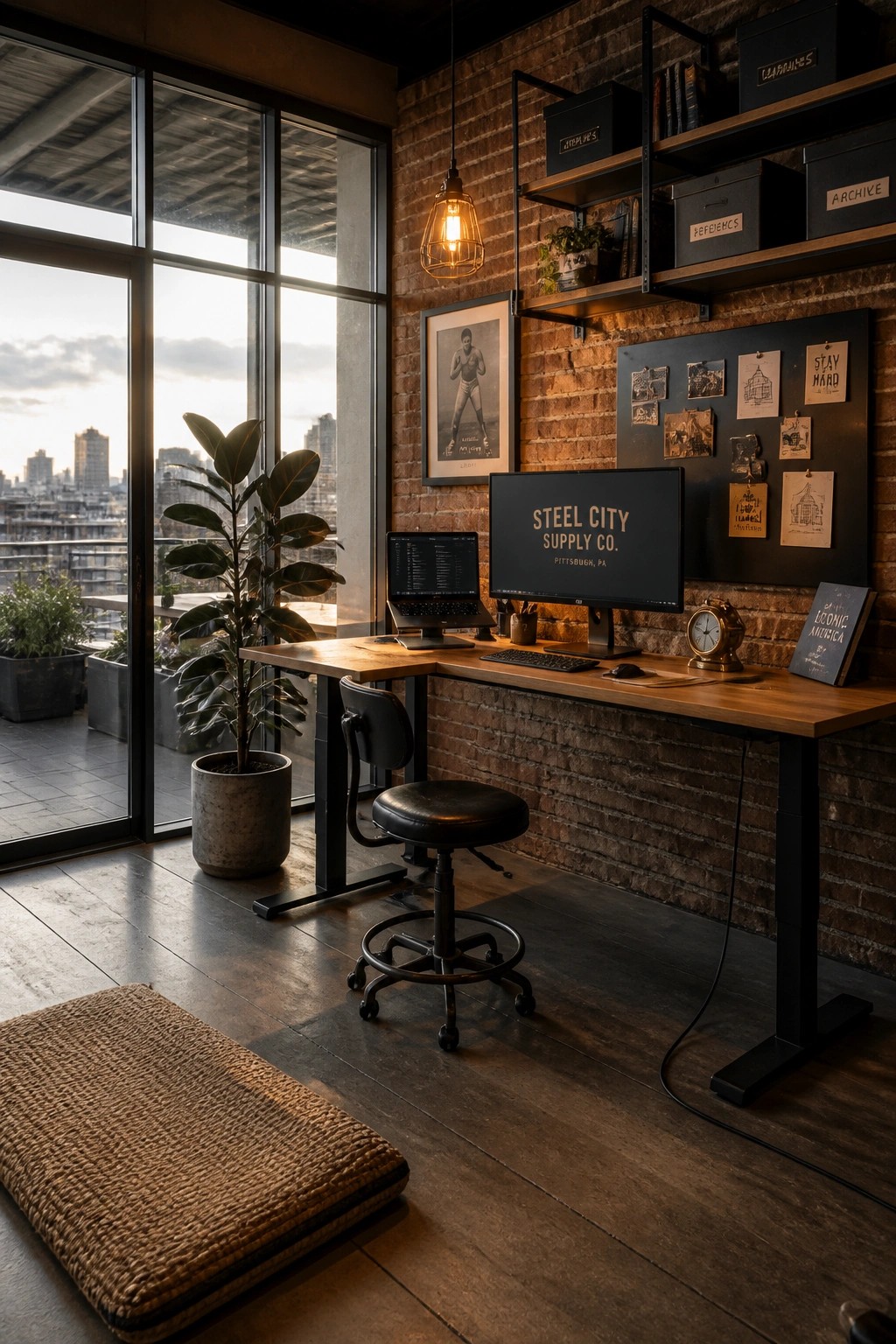 A masculine home office with a long wooden desk against a brick wall, computer monitors, a stool, overhead metal shelves with storage boxes, and a large window on the left.