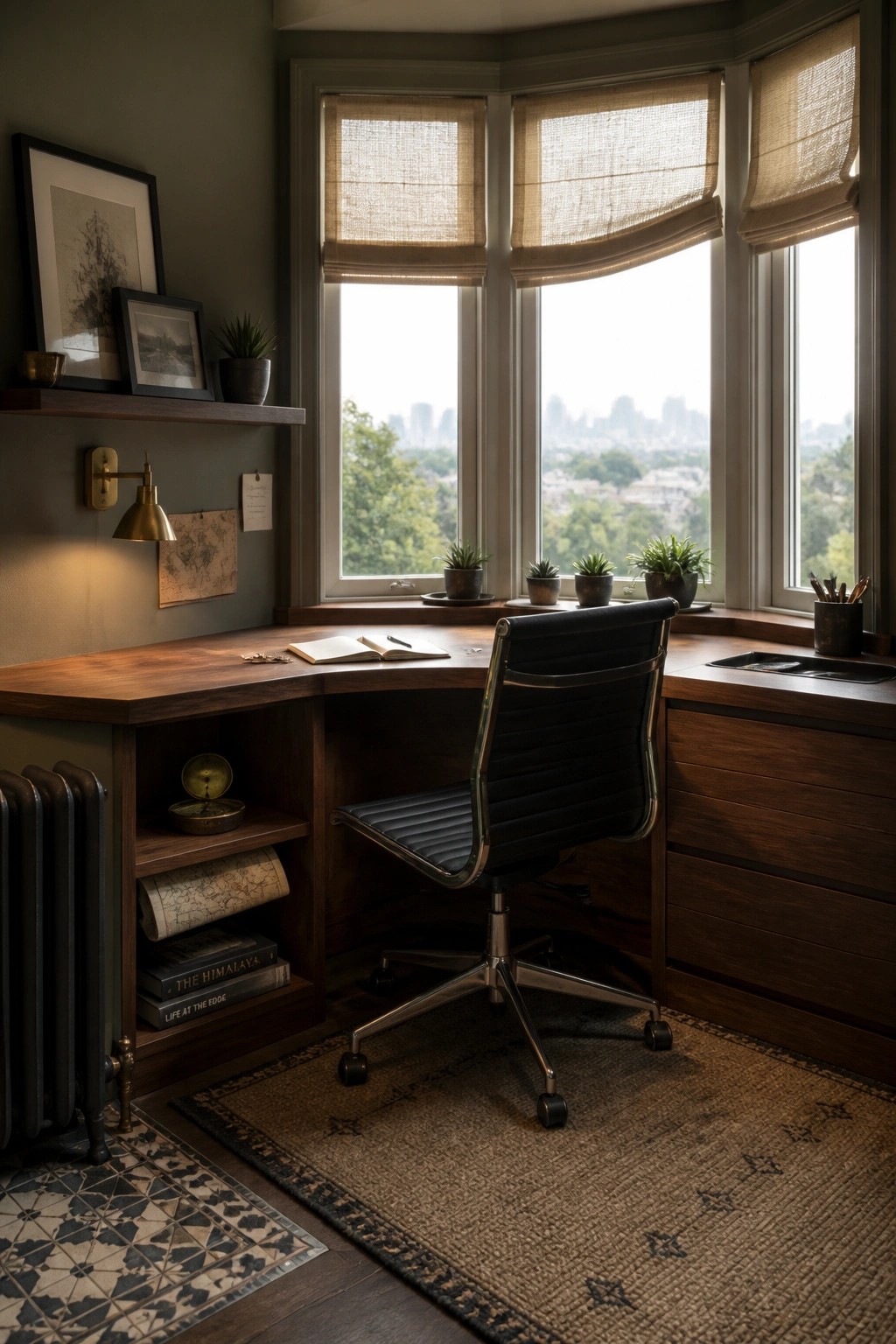 Wooden corner desk with black chair facing large windows overlooking a cityscape.