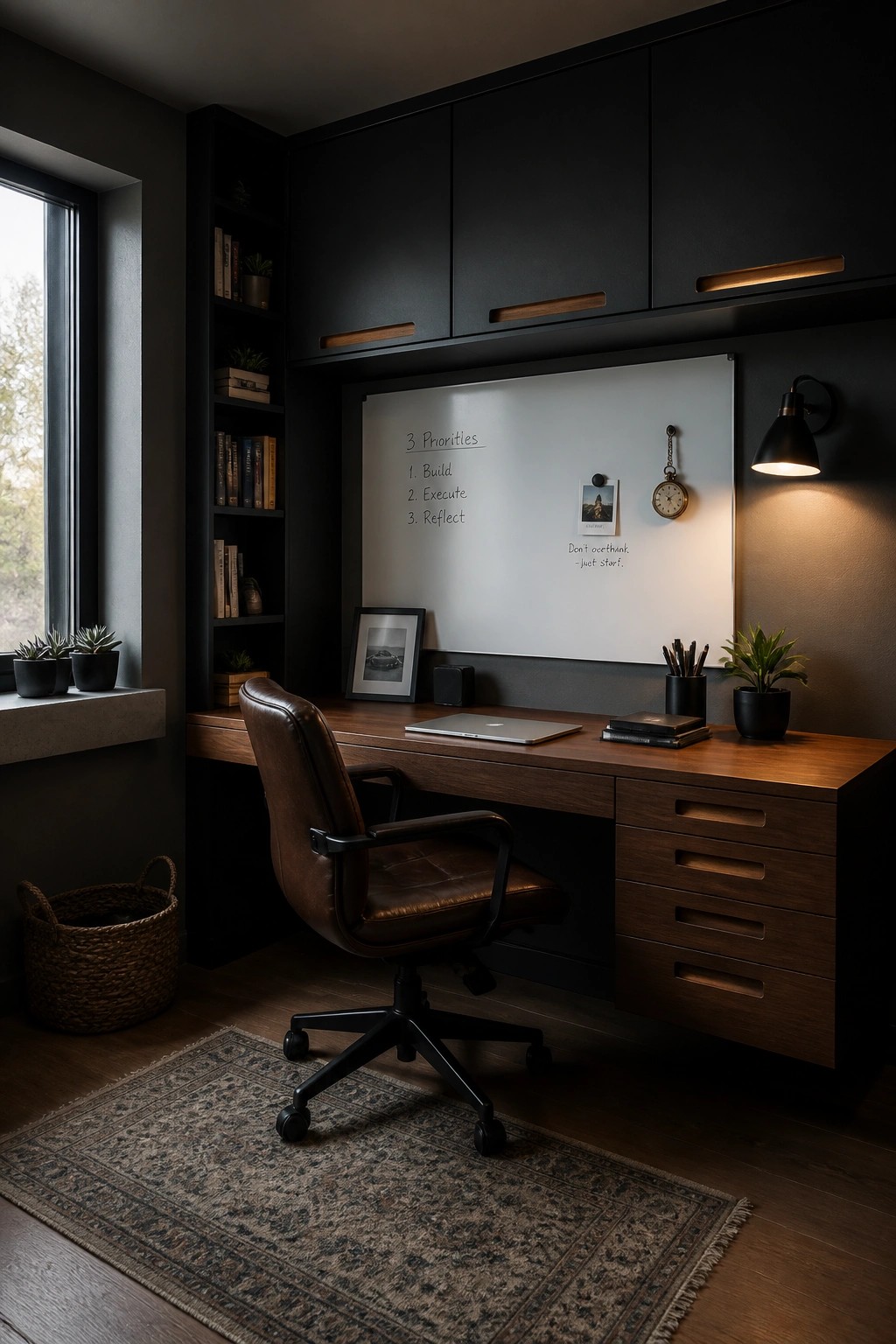 A home office featuring a wooden desk with a brown leather chair, dark upper cabinets, a whiteboard, and a window on the left side.