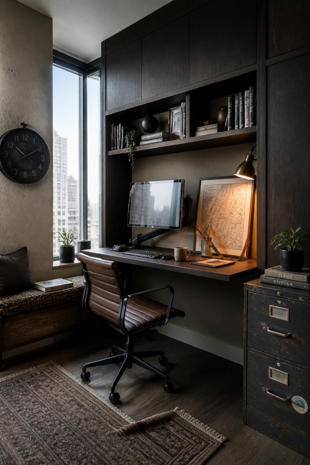 A compact home office featuring a dark wood built-in desk with overhead cabinets, a brown leather office chair, a monitor on an arm, and a large window to the left.