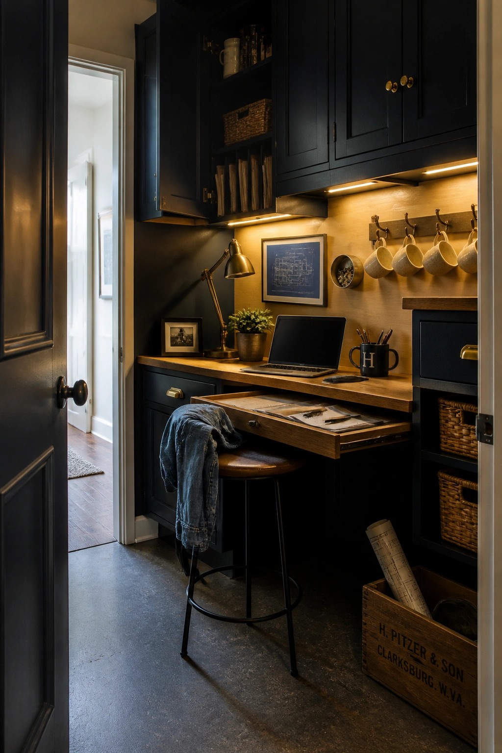 A compact home office built into dark cabinetry with a wooden desk surface, open drawer, stool, and under-cabinet lighting viewed through a doorway.