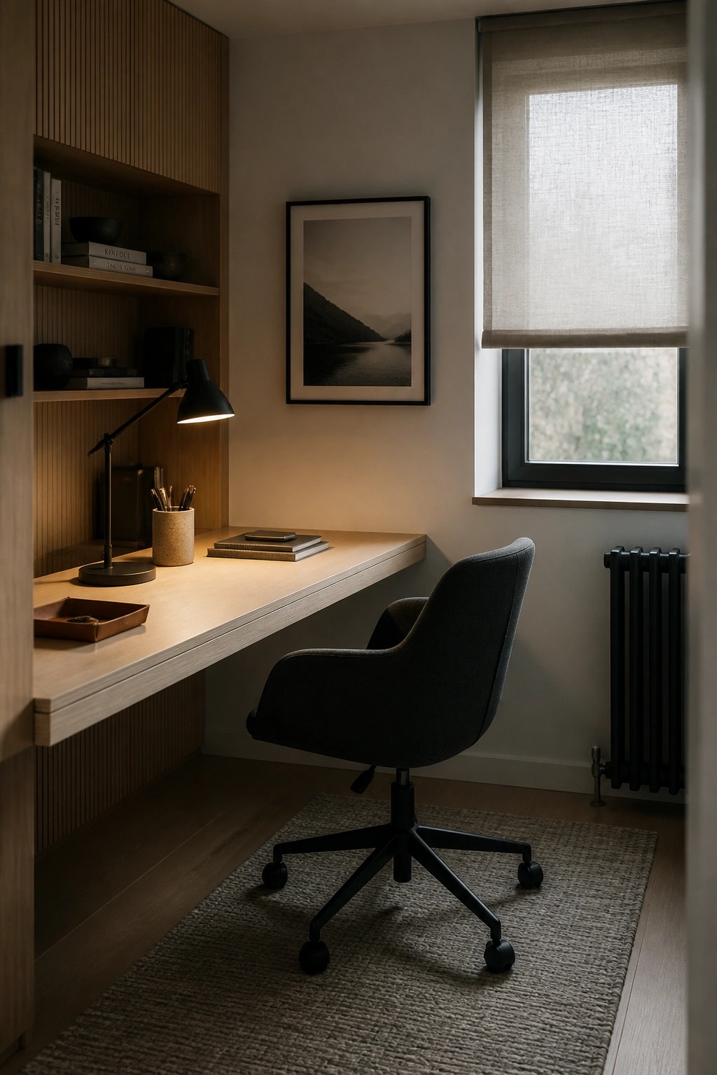 A compact home office featuring a light wood built-in desk with overhead shelving, a black swivel chair on a rug, and a window with a roller shade.