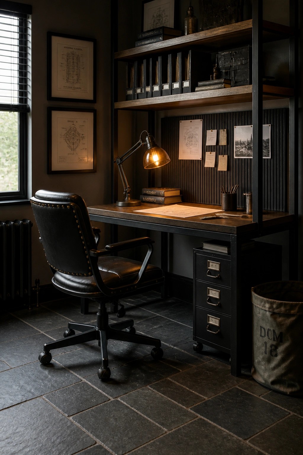 A masculine home office features a dark wooden desk with overhead shelving, a black leather office chair, a lit desk lamp, and filing drawers integrated into the desk unit.