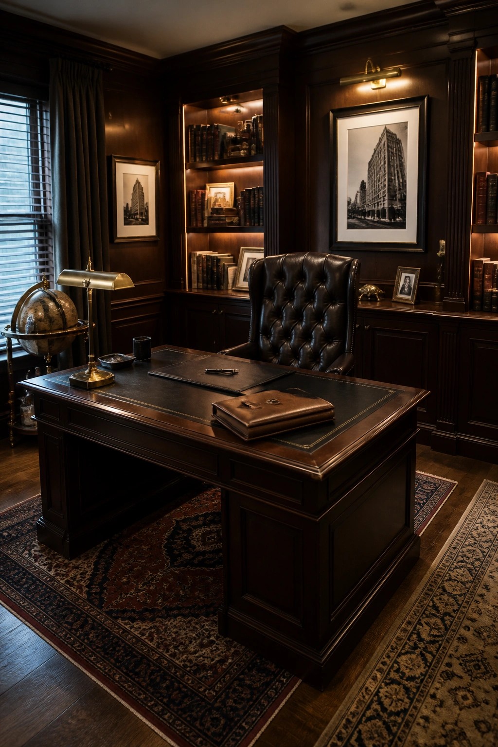 A dark wood home office with a large executive desk, tufted leather chair, built-in bookshelves filled with books, and framed pictures on the walls.