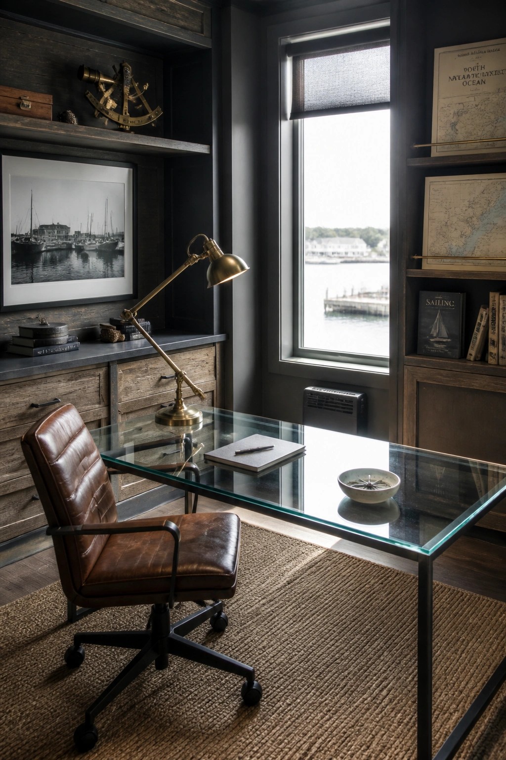 A home office featuring dark wood built-in shelves, a glass desk with a brown leather chair, nautical decor items, and a large window with a view of water.