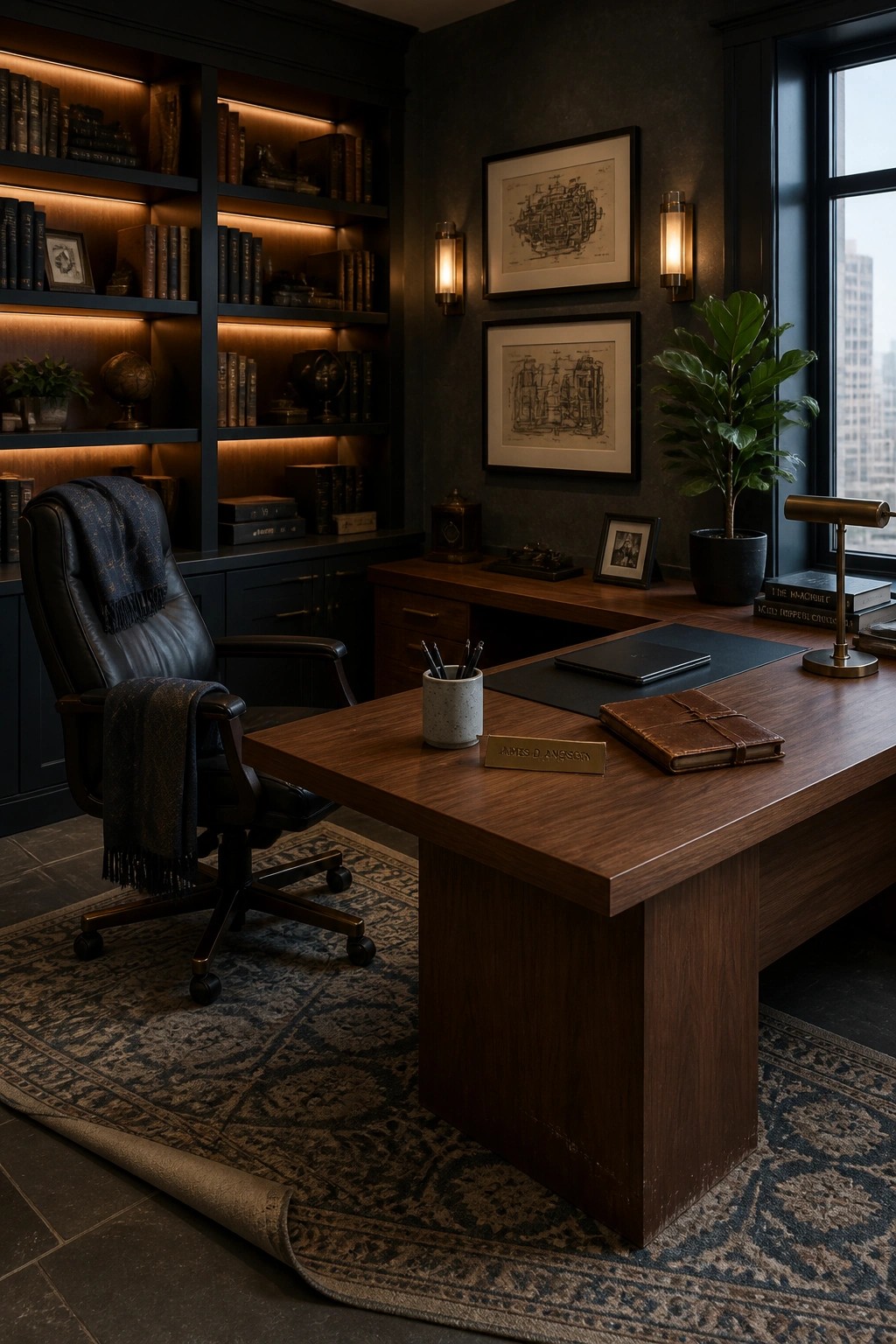 Dark wood office with leather chair, bookshelves, framed art, and city view