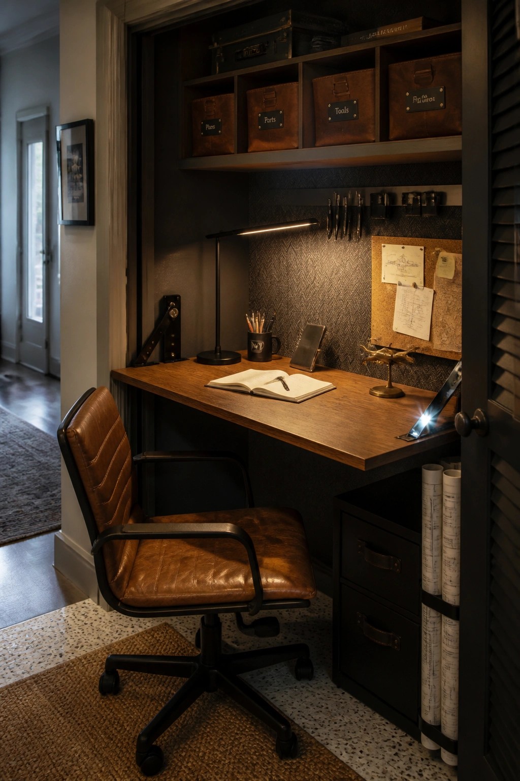 A wooden desk with overhead shelving is built into a dark recessed alcove, featuring brown storage bins, a corkboard, and a brown leather office chair on a rug.
