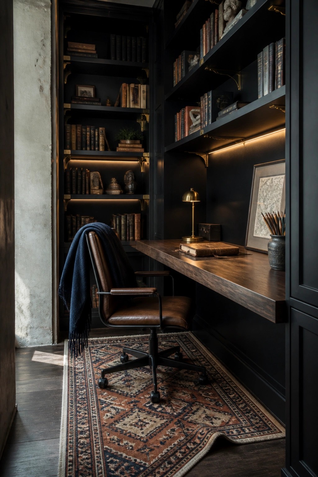 A narrow home office with dark built-in bookshelves, a floating wooden desk, a brown leather chair, and integrated shelf lighting.