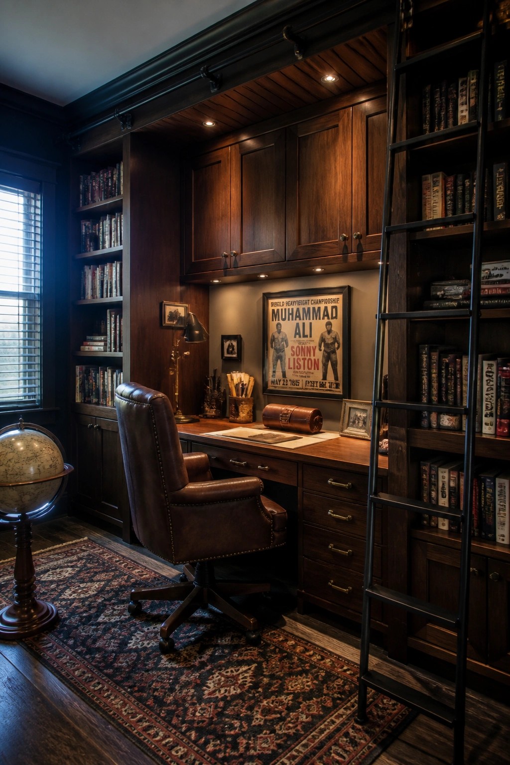 A masculine home office with dark wood built-in bookshelves lining the walls, a wooden desk, brown leather swivel chair, and a black rolling ladder on the right.