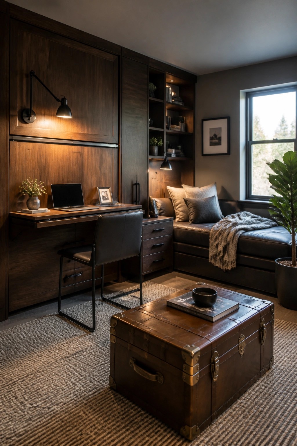 A compact home office featuring dark wood built-in cabinets with an integrated desk, a black leather chair, and a leather daybed positioned beside a large window.