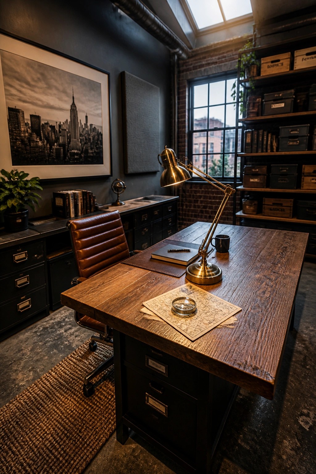 A masculine home office with a large wooden desk, leather chair, brass lamp, and dark storage cabinets against brick walls.