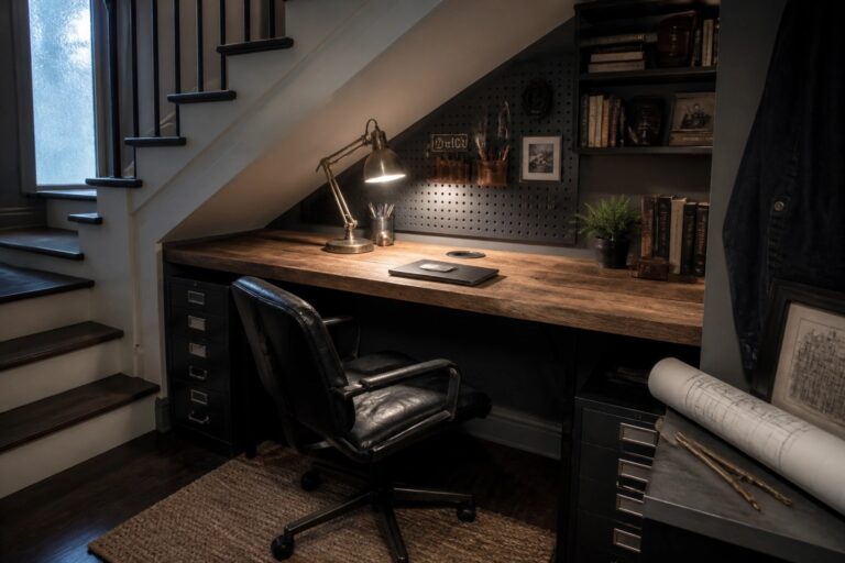 25 Functional Masculine Home Office Ideas That Maximize Every Inch A wooden desk and black office chair set under a staircase with a pegboard above the desk and a window to the right.