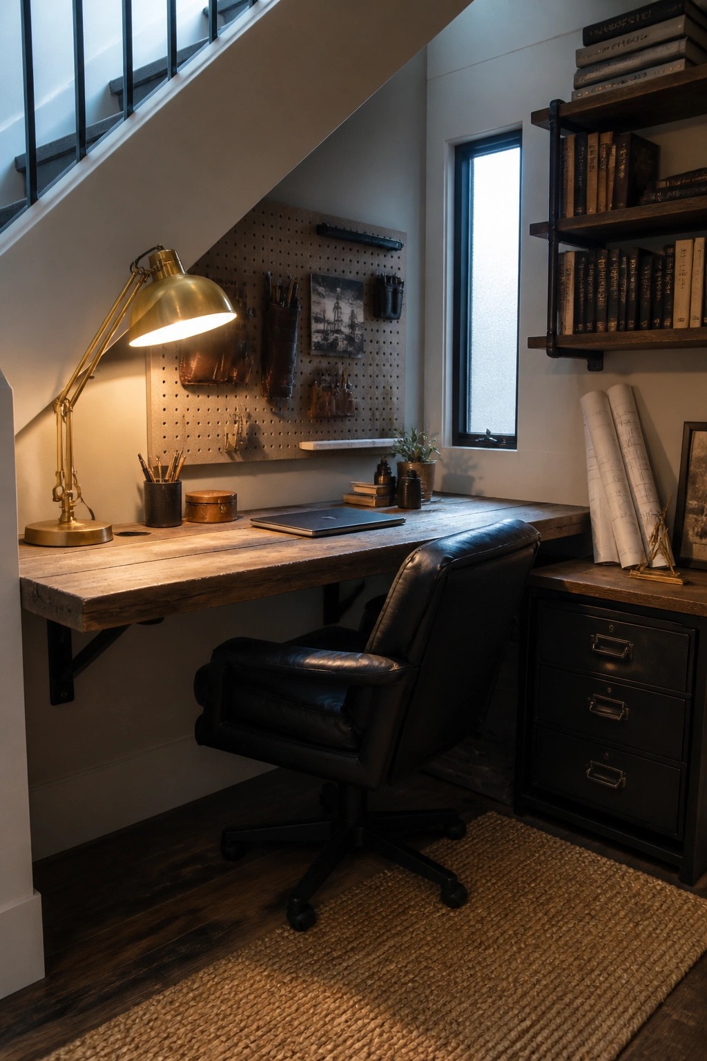 A wooden desk and black office chair set under a staircase with a pegboard above the desk and a window to the right.