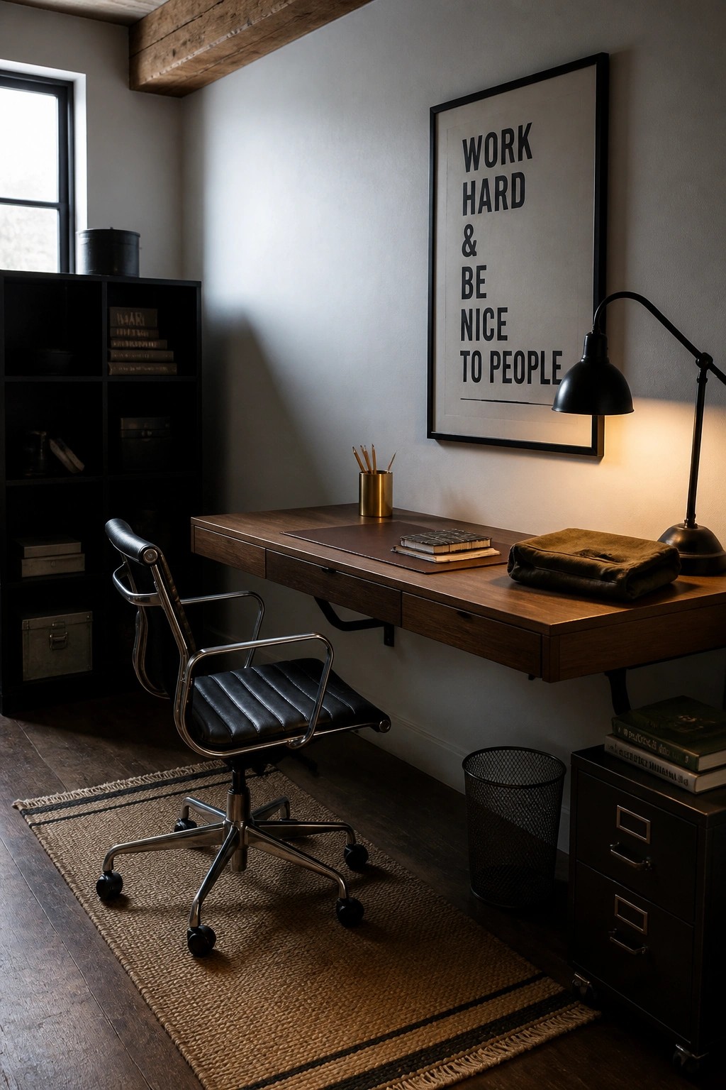 A home office with a wall-mounted wooden desk, black leather office chair on a woven rug, black desk lamp, and framed wall art.