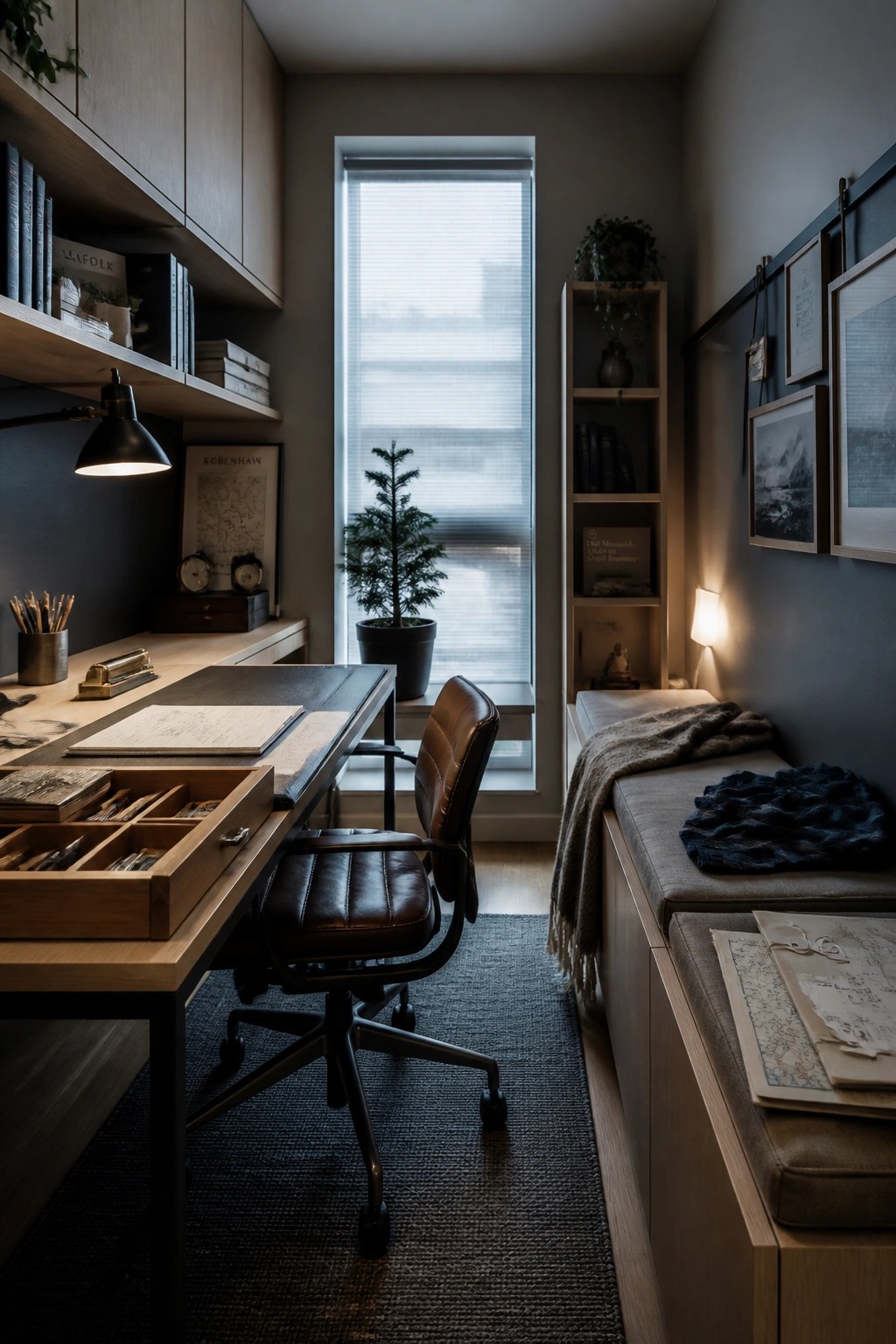 A narrow home office with a long wooden desk on the left and a built-in cushioned bench on the right, featuring a tall window at the end and dark blue rug on the floor.