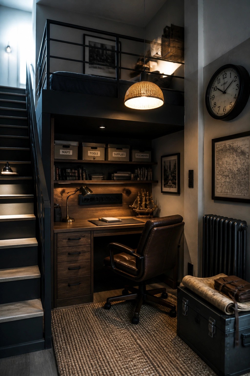A compact home office with a wooden desk and brown leather chair beneath a dark loft bed, featuring labeled storage bins and a hanging woven light fixture.