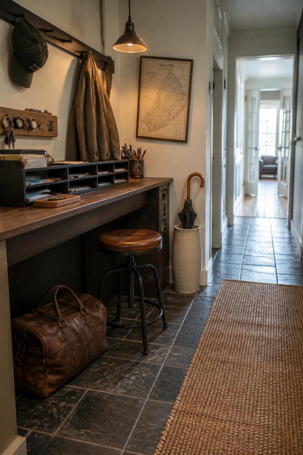 A narrow hallway with a long wooden desk, stool, leather bag on the floor, wall hooks holding a cap and jacket, and a framed map above the desk.