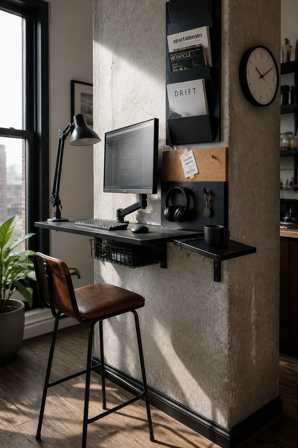 A wall-mounted black desk holds a computer monitor, keyboard, and mouse against a concrete wall, with magazine holders above and a brown stool in front.