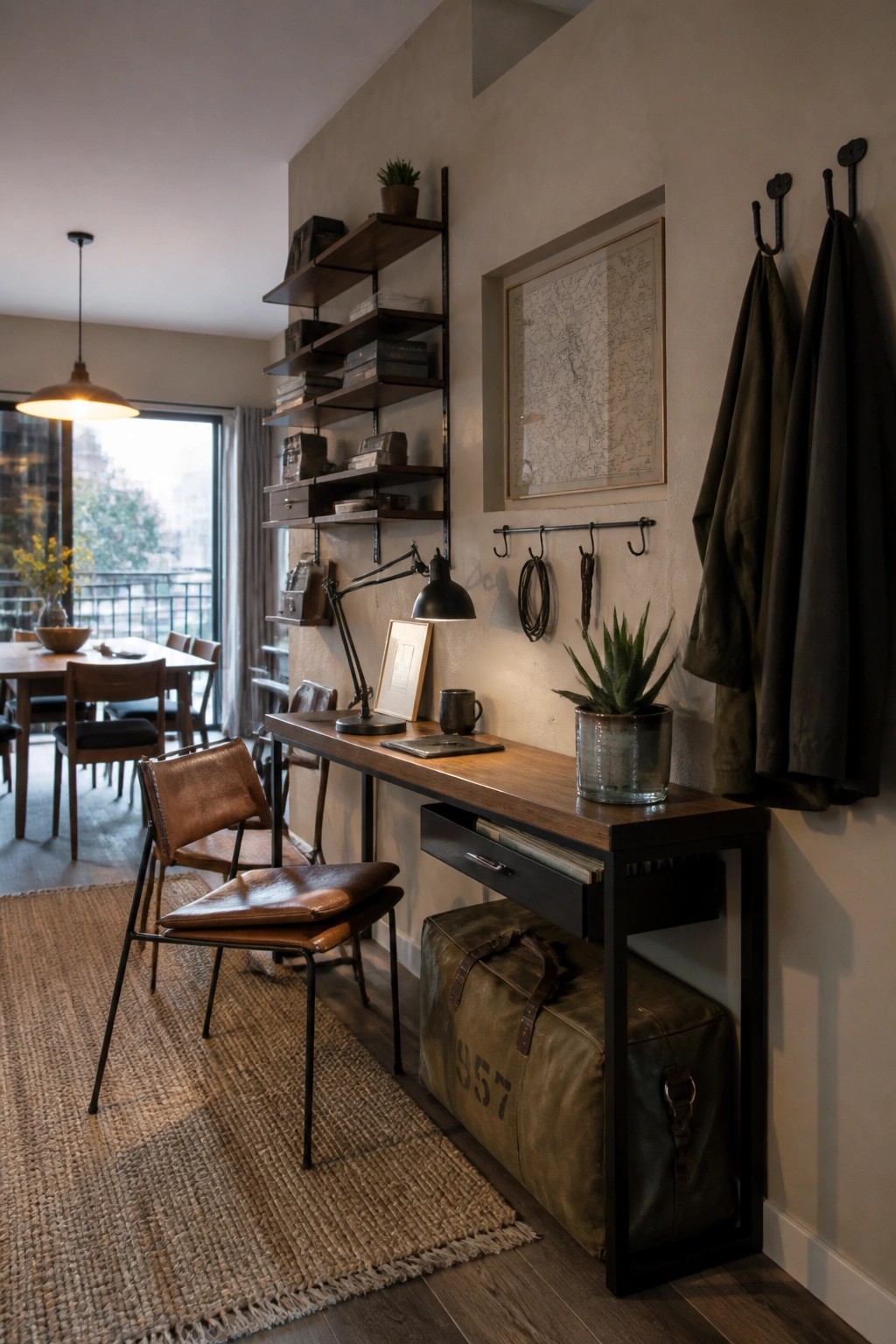 A narrow wooden desk with black metal frame and overhead wooden shelves on a textured wall, with a green duffel bag stored below and coats hanging on nearby hooks.