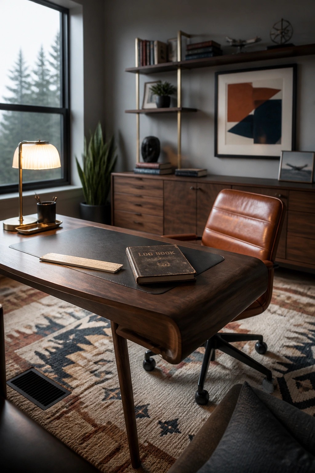 Modern home office with wooden desk, leather chair, log book, and window view