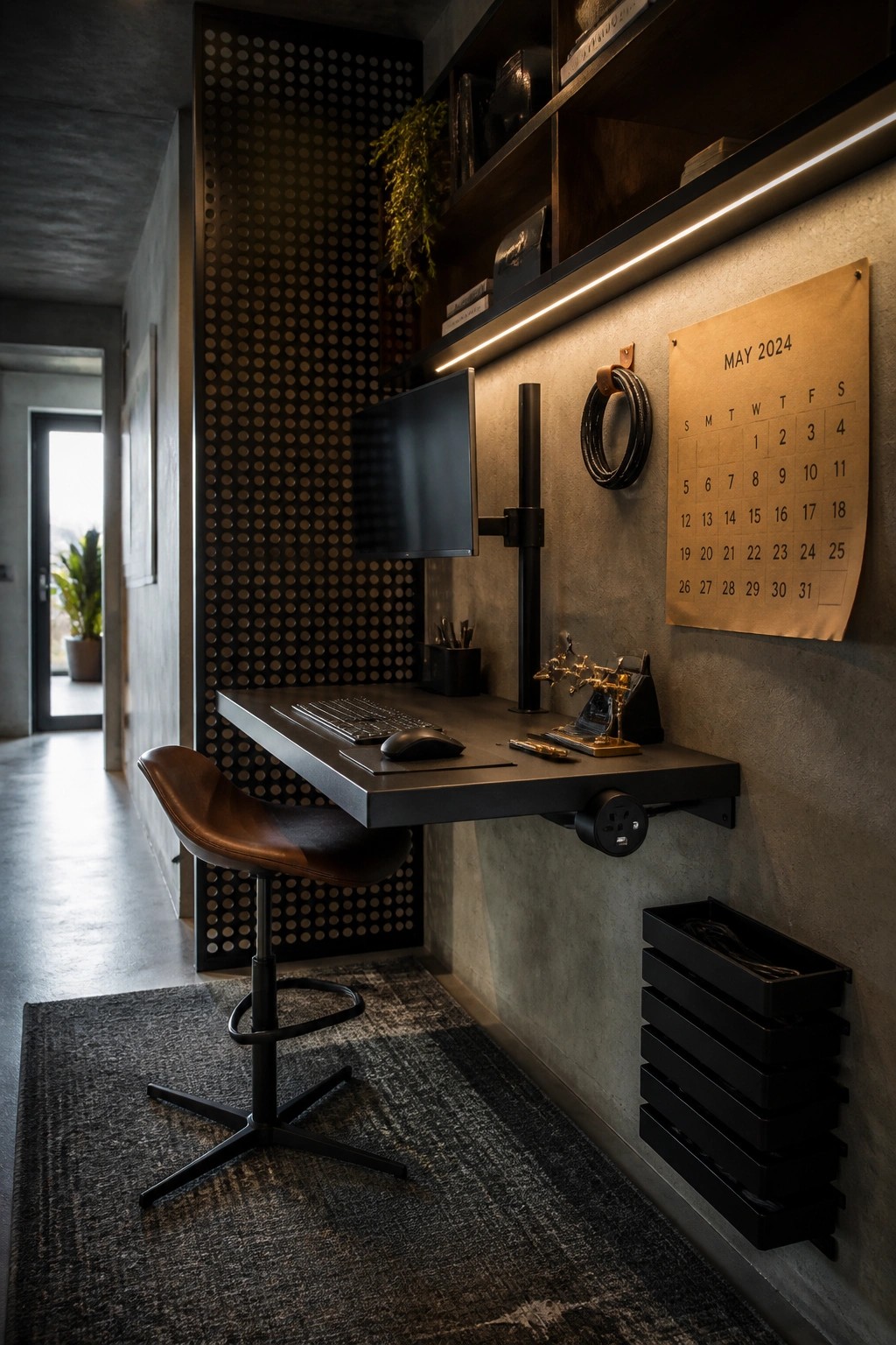 A wall-mounted floating desk with monitor, keyboard, mouse, and brown leather stool in a narrow concrete home office with overhead shelves and a calendar on the wall.