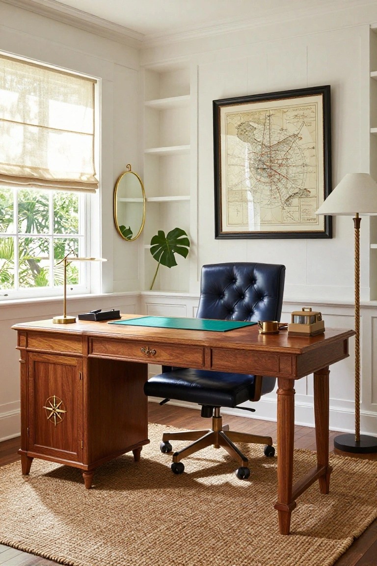 A wooden executive desk with a green blotter sits on a woven rug in front of white built-in shelves, paired with a blue tufted leather office chair.