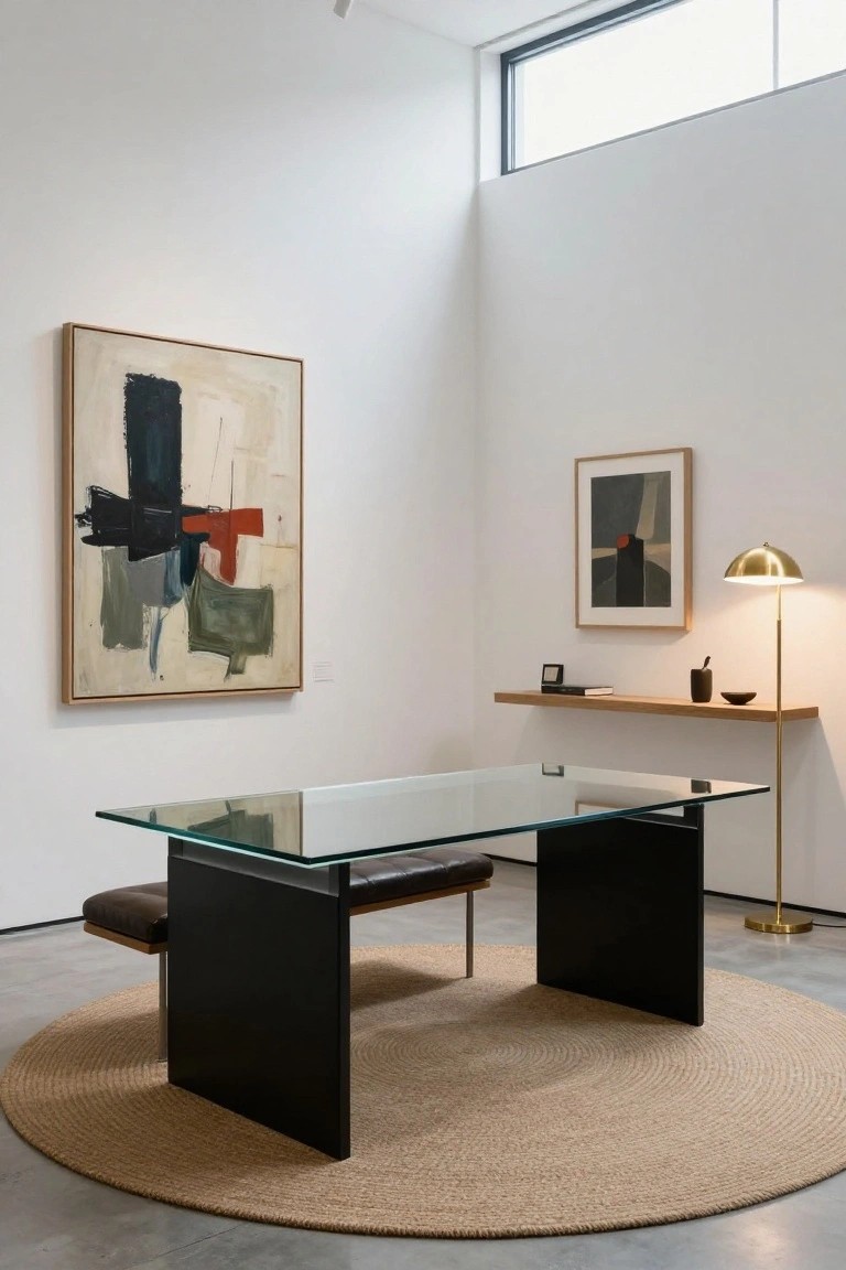 A modern office interior with a large rectangular glass desk on black bases placed on a round woven rug, a brown leather bench at one end, abstract paintings on white walls, a floating wooden shelf, and a brass floor lamp.