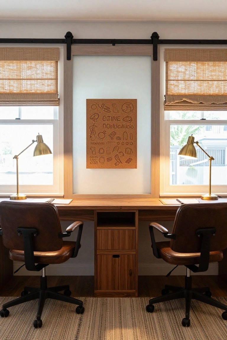 A home office featuring a long wooden desk with central storage, two brown leather office chairs, brass desk lamps, and a decorative board mounted between two windows.