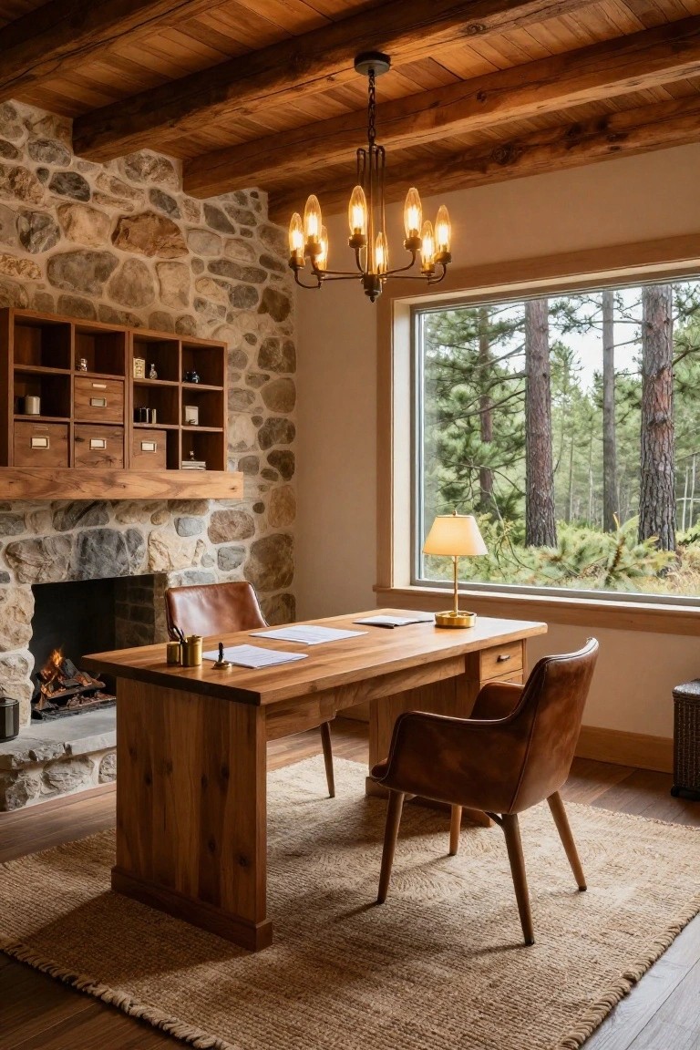 A wooden desk with two leather chairs sits on a woven rug in a room featuring a stone fireplace with built-in wooden shelving and a large window overlooking trees.