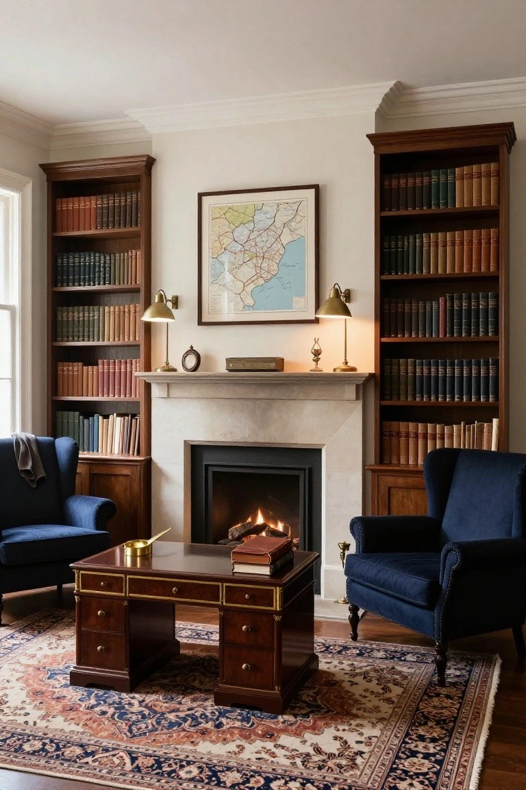 A home office with built-in wooden bookshelves on both sides of a stone fireplace, two blue armchairs, a wooden desk on a patterned rug, and a framed map above the mantel.