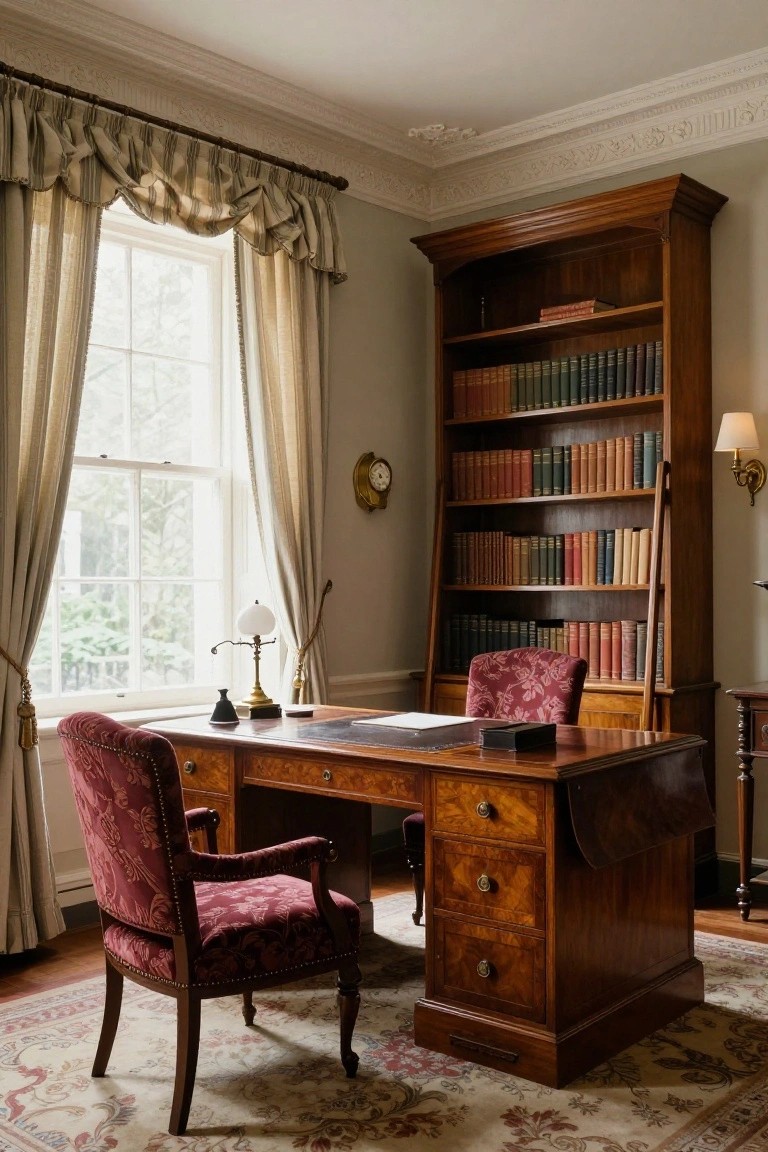 A traditional executive office featuring a large wooden desk with two upholstered chairs and floor-to-ceiling built-in bookshelves filled with books.