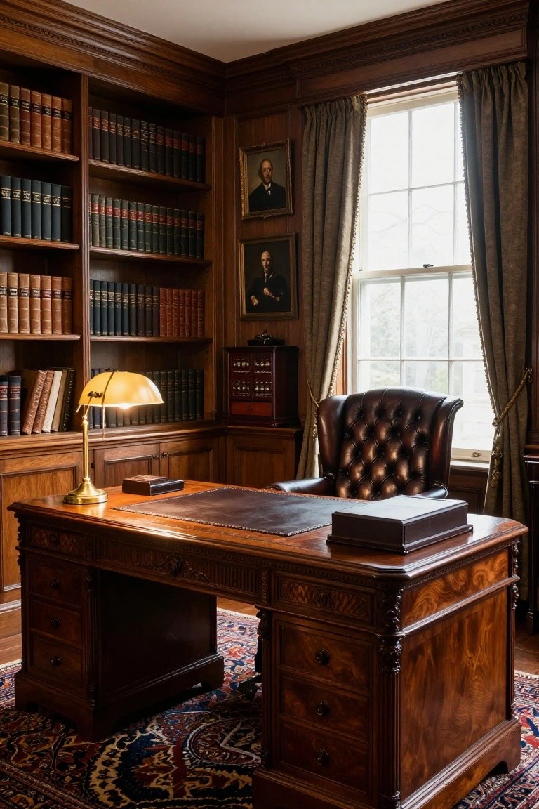 A traditional home office featuring dark wood paneling, built-in bookshelves filled with books, a large wooden desk with a leather blotter, and a brown tufted leather chair positioned near a window.