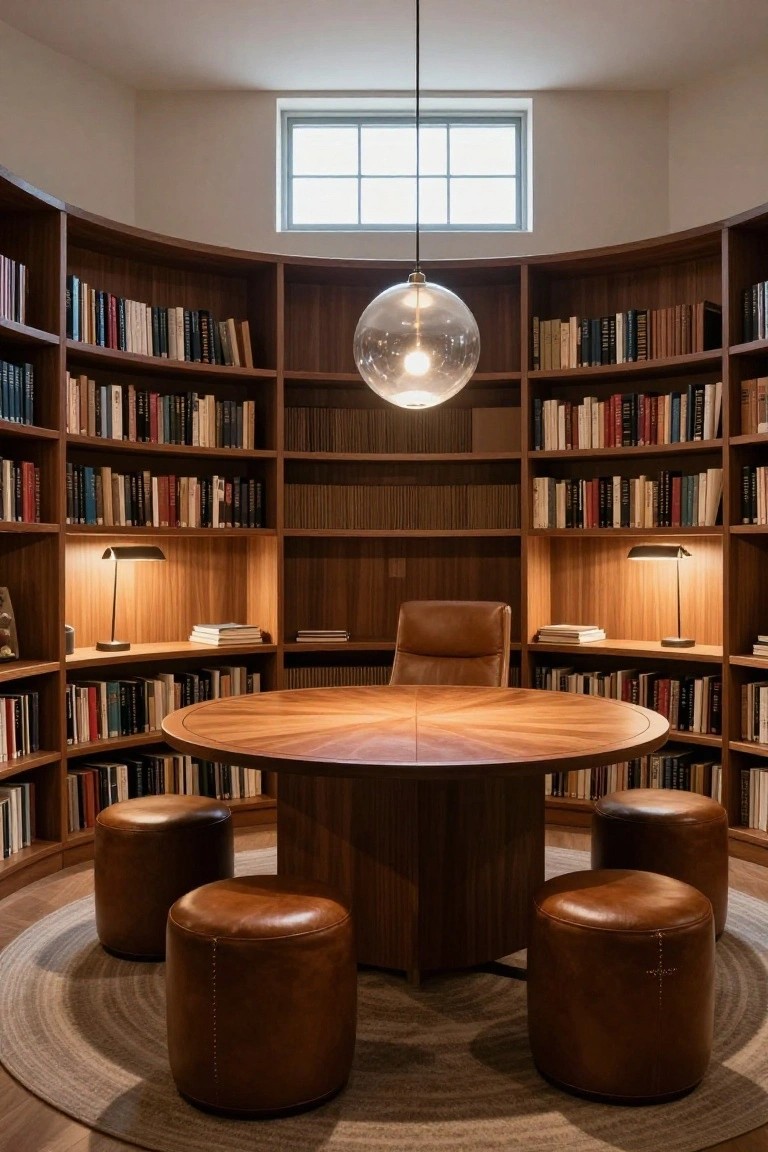 A round wooden table with four brown leather stools sits inside a room lined with curved built-in wooden bookshelves filled with books and a large glass globe pendant light overhead.