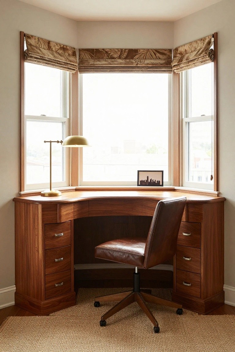 A curved wooden desk with side drawers is built into a bay window, with a brown leather swivel chair and brass desk lamp in front.