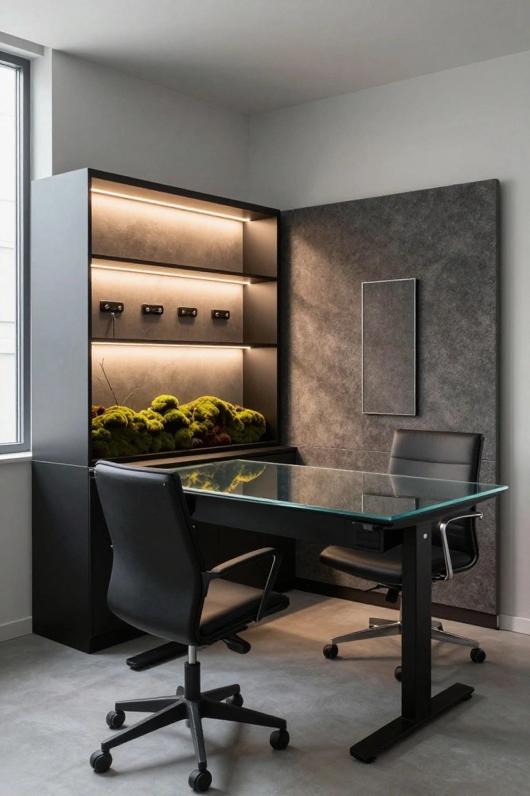 A modern office with a glass desk, two black leather chairs, and a large dark built-in shelving unit featuring illuminated shelves and green moss at the base.