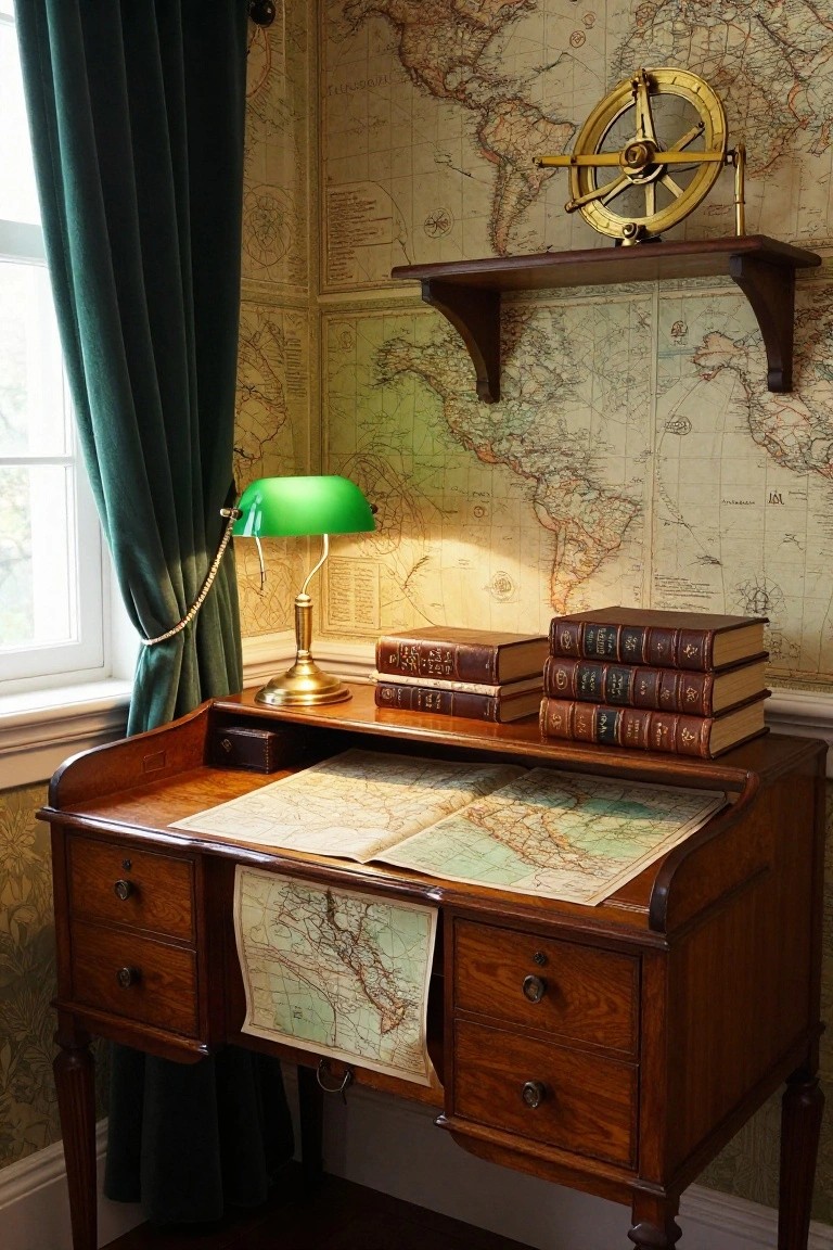 A wooden desk with open maps and stacked books sits in front of walls covered in vintage map prints, with a green lamp and brass instrument nearby.
