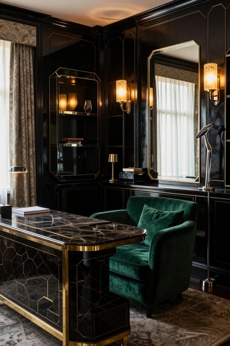 A luxurious executive office with glossy dark wood paneling, a black marble desk trimmed in gold, a green velvet chair, wall mirrors, and wall sconces.