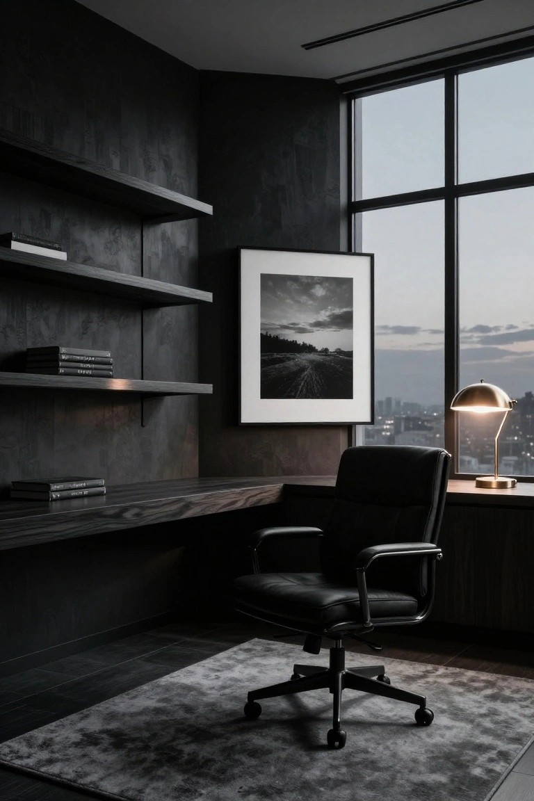 A modern executive office with dark walls, floating shelves holding books, a black leather office chair on a gray rug, a dark wood desk, and a large window with a city view.