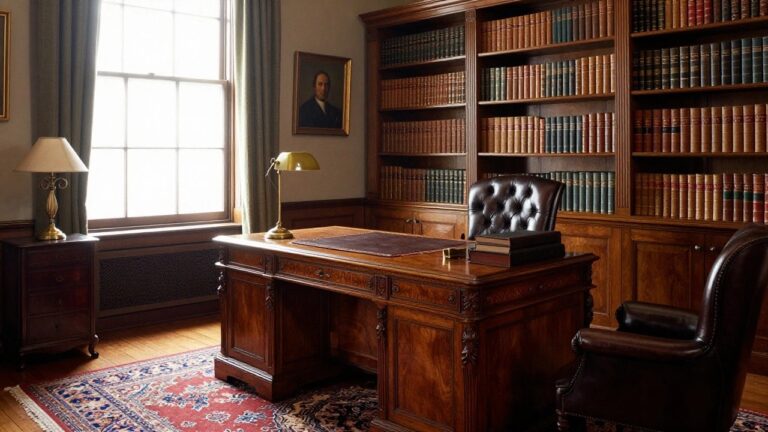 A traditional home office featuring dark wood paneling, built-in bookshelves filled with books, a large wooden desk with a leather blotter, and a brown tufted leather chair positioned near a window.