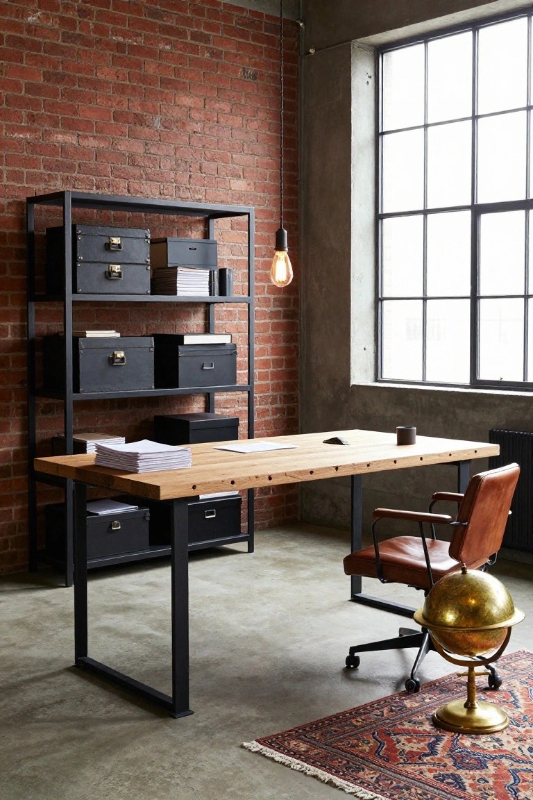 An office interior showing a wooden desk with black metal legs, a tall black metal shelving unit holding storage boxes and papers against a red brick wall, a brown leather office chair, and a large window.